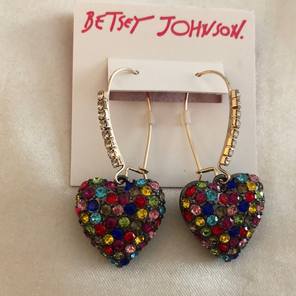 Betsey Johnson Gold & Gunmetal Tone Hearts On Fire Drop Earrings Crystal NWT